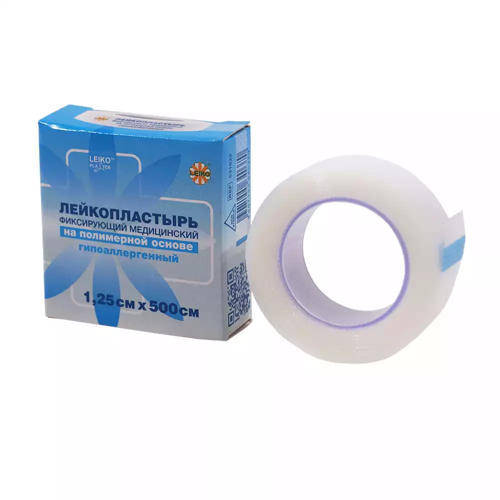 Лейкопластырь LEIKO, на полимерной основе,фиксирующий, размер 1,25см*500см, гипоаллергенный, катушка в картонной коробке