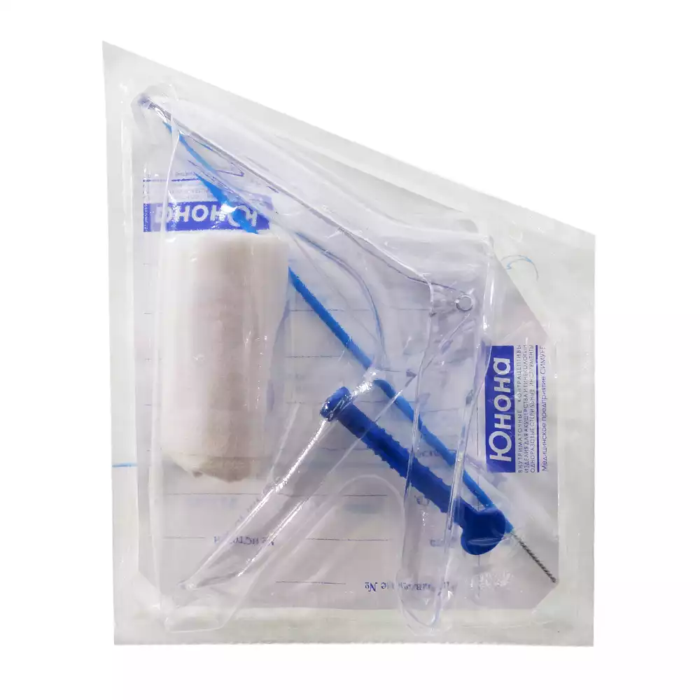 Набор гинекологический Юнона №4М (зеркало по Куско №2, салфетка 40*60см, перчатки опудр. р-р М, цитощетка), одноразоый, стерильный, упаковка блистер