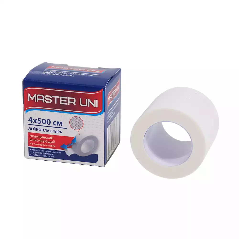 Лейкопластырь Master Uni на тканевой основе, размер 4см*500см, катушка в картонной коробке