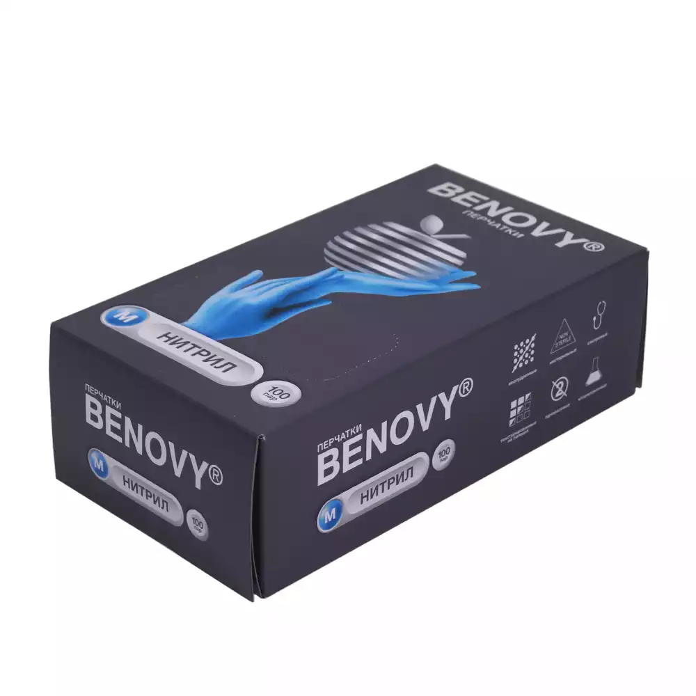Перчатки BENOVY, размер M, нитриловые, неопудренные, вес 6,0 г/пара, текстурированные на пальцах, цвет голубой, нестерильные, упаковка 100 пар