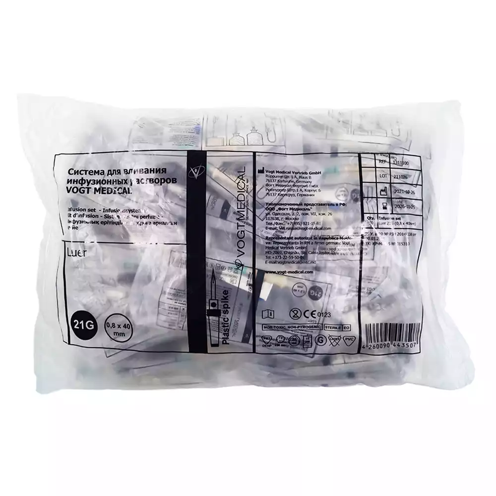 Система инфузионная для переливания растворов 21G игла 0,8*40, пластиковый шип ABS, длина 150см, без латекса, одноразовая, стерильная